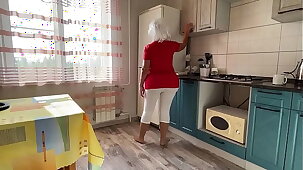 Stepmom with a big ass sucks dick and has anal copulation with her son yon the kitchenette